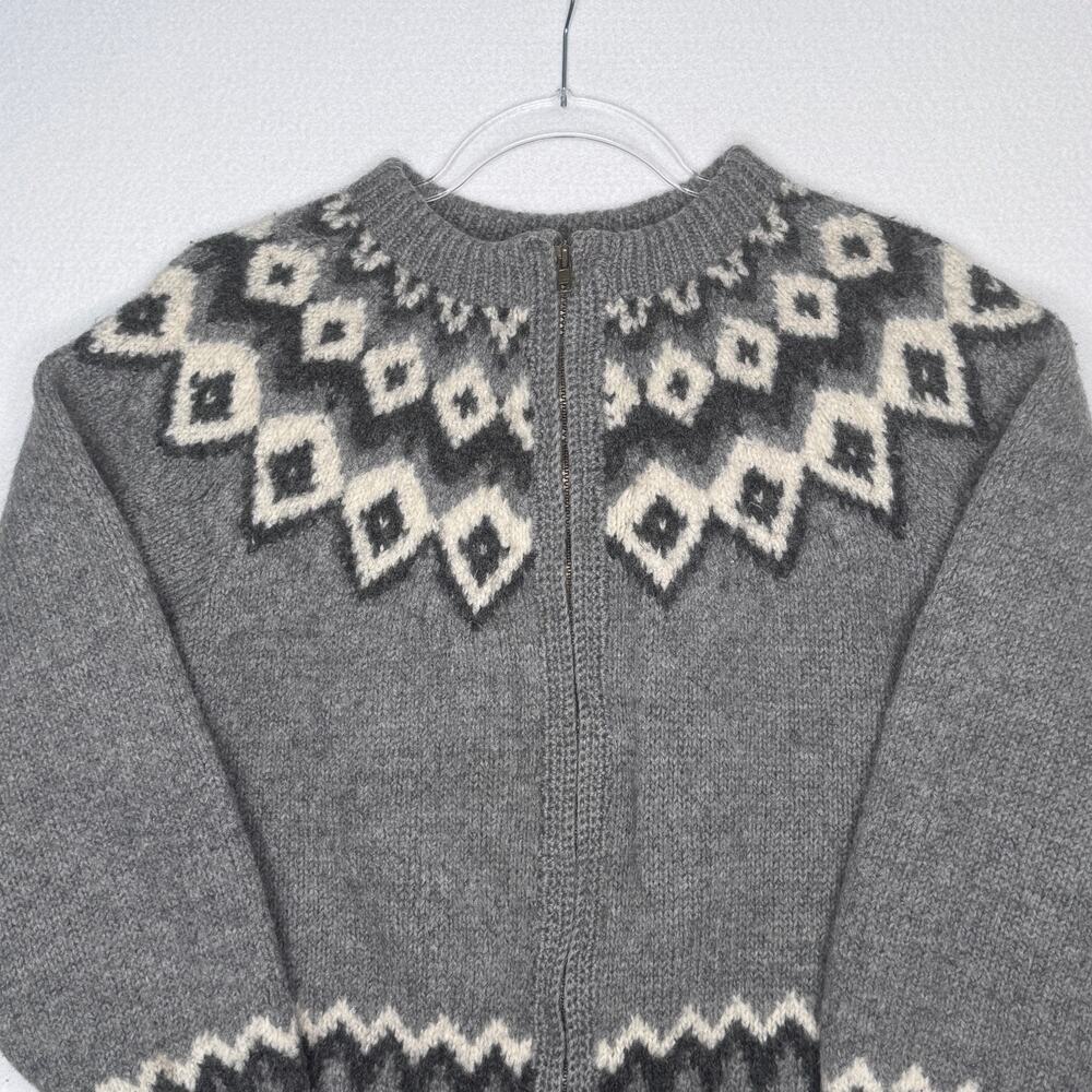 Vintage 1990s L.L.Bean Gray Fair Isle Nordic 100% Wool Zip Cardigan Sweater M - Picture 3 of 15